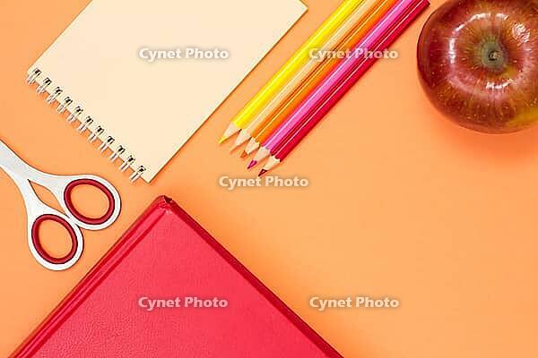 Book, scissors, notebook, color pencils and red apple on a pink background. Top view with copy space. Back to school concept. School supplies. Pastel colours [IBR125462127]