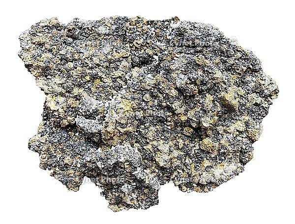 Mineral specimens from geological collection - natural black sphalerite, yellow pyrite and chalcopyrite rock isolated on white background from Romania [IBR125462133]