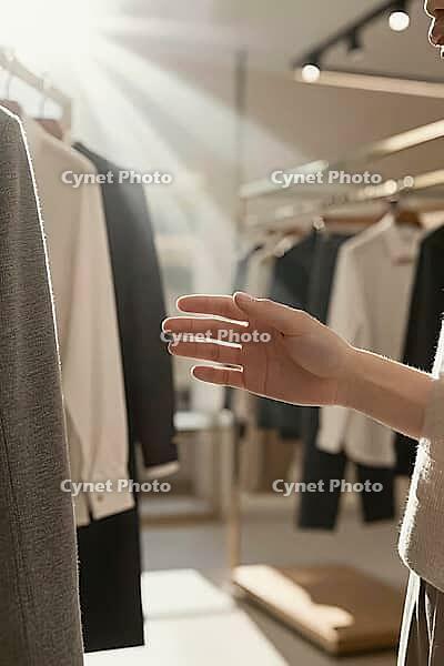 Tactile evaluation of sustainable luxury fashion garments on retail display racks under natural morning sunlight in modern clothing boutique interior, an outstretched customer hand thoughtfully selecting curated minimalist textile apparel, elegant tailore [IBR125472248]