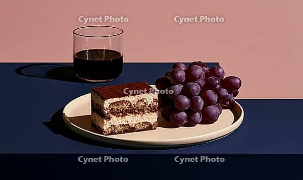 Slice of tiramisu cake beside a bunch of purple grapes. Glass of red wine sits beside plate. Plate rests on dark blue surface, AI generated [IBR125472249]