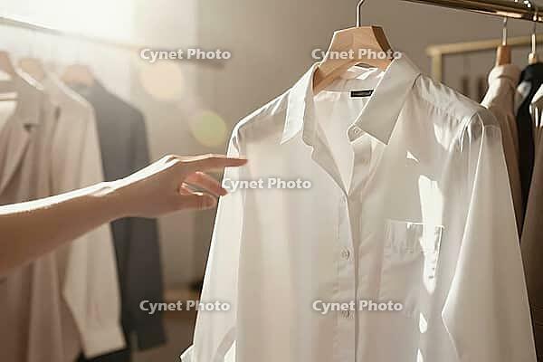 Tactile textile appreciation and sustainable capsule wardrobe curation define mindful consumption in contemporary fashion retail, where natural morning sunlight illuminates a pristine white cotton blouse on a smooth wooden hanger, an anonymous outstretche [IBR125472250]