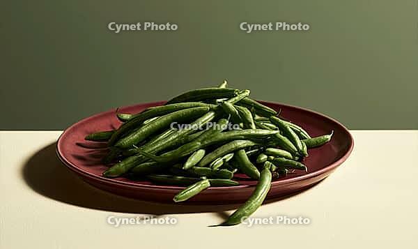 Fresh green beans on a red plate. Beans are bright green and plump. Plate sits on a neutral background. Simple food photography with soft lighting, AI generated [IBR125472256]