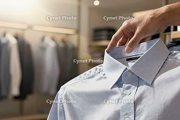 Tactile evaluation of woven cotton fabric in an upscale menswear boutique, where meticulous fingers inspect the spread collar of a light blue dress shirt, classic business wardrobe selection reflects personal professionalism and sartorial standards, prist [IBR125472257]