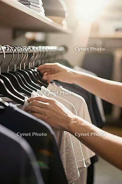 Deliberate tactile selection of monochrome cotton garments on a metal clothes rack represents conscious consumerism and aesthetic wardrobe curation, anonymous hands gently sift through casual apparel suspended on uniform black hangers under warm boutique  [IBR125472259]