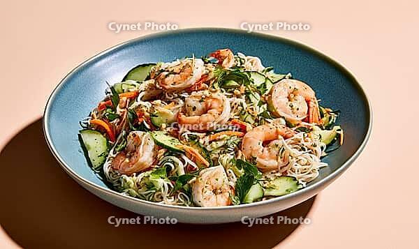 Fresh shrimp noodle salad with vegetables in ceramic dish, AI generated [IBR125472260]