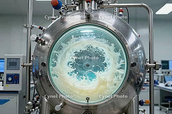 Precision fermentation inside stainless steel bioreactor tank, swirling emulsion creates vortex during cellular agriculture, automated biochemical synthesis of dairy proteins in sterile laboratory environment, industrial liquid processing through inspecti [IBR125472261]