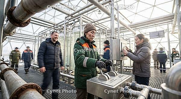 Biotechnology operators control industrial algae photobioreactors inside a geodesic greenhouse facility, managing circular food systems and hydraulics, skilled technical personnel adjust high pressure stainless steel valves alongside interactive monitor s [IBR125472263]