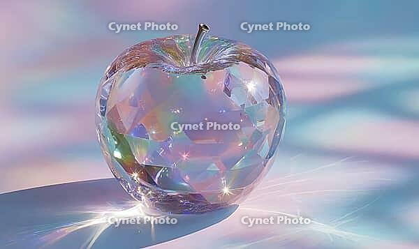 A clear apple with a diamond pattern on it. The apple is sitting on a table. The light is shining on the apple, making it sparkle, AI generated [IBR125472265]