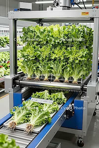 Automated vertical farming harvesting technology transports fresh green hydroponic lettuce on industrial conveyor belts inside high tech greenhouse, mechanical precision and artificial climate control represent the modern transformation of agriculture tow [IBR125472267]