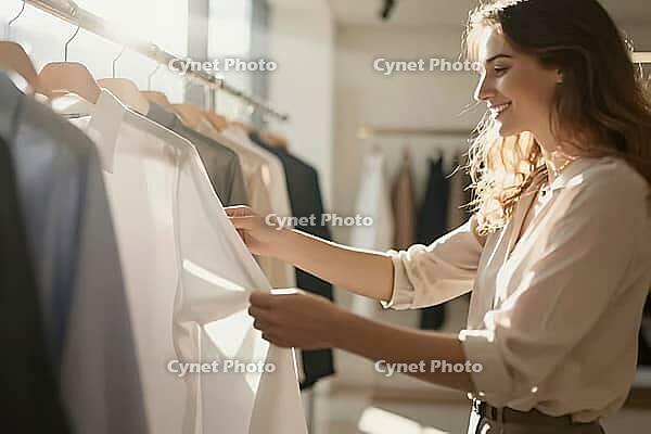 Conscious retail shopping in boutique fashion showroom, elegant woman inspecting white textile shirt on garment rack, slow fashion apparel curation, tactile evaluation of finely woven natural fibres reflects a deliberate shift away from fast fashion towar [IBR125472271]