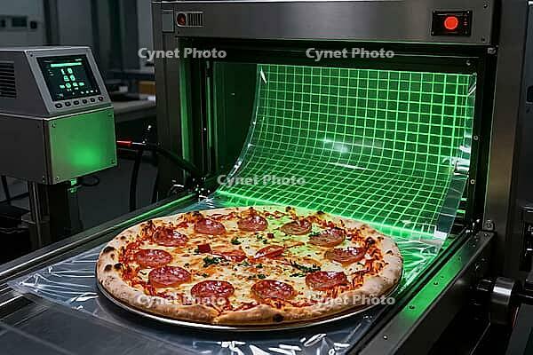 Automated food packaging line inspects freshly baked pepperoni pizza with green laser grid scanning, modern machinery seals convenience goods cleanly, high precision optical sensors evaluate surface geometry during heat seal encasement, industrial mechani [IBR125472273]