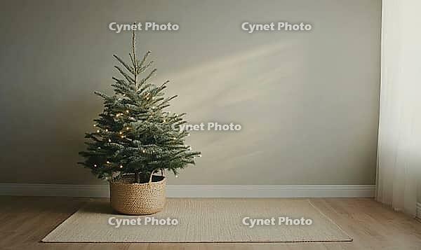 Living room with light grey walls, simple green Christmas tree in a basket, AI generated [IBR125472274]