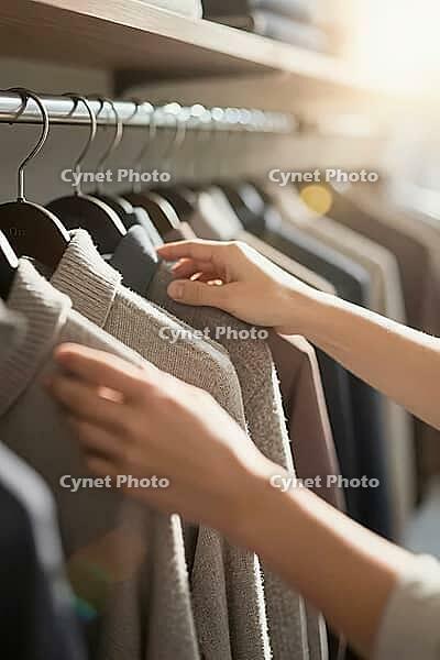 Tactile browsing through knitted sweaters on wooden hangers in a curated capsule wardrobe, soft merino wool garments arranged by neutral earthy tones, gentle fingers touching ribbed cuffs and woven textures symbolize mindful consumerism contrasting dispos [IBR125472275]
