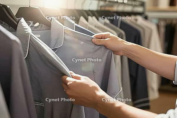 Tactile evaluation of soft pajama fabric in retail store, anonymous hands inspect loungewear on hanger, sensory textile merchandise assessment, touch, haptic perception of woven garments arranged systematically on a boutique metal clothes rail, warm backl [IBR125472278]