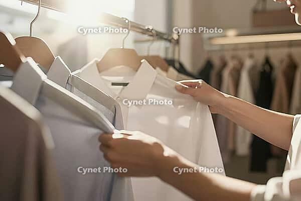 Browsing tailored cotton button down shirts on wooden hangers in a bright minimalist fashion boutique, discerning garment quality and sartorial style, tactile consumer interaction with woven fabrics reflects modern conscious consumption habits, hands thou [IBR125472280]