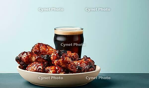 Crispy chicken wings in spicy sauce on white plate. Dark beer glass beside food. Light blue background. Food photography with shallow depth of field, AI generated [IBR125472283]