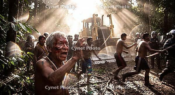 Rainforest clash between indigenous warriors and industrial machinery, native environmental defenders protect ancestral territory against deforestation, an elderly tribal leader with red ceremonial body paint and bead ornaments screams in furious resistan [IBR125472285]
