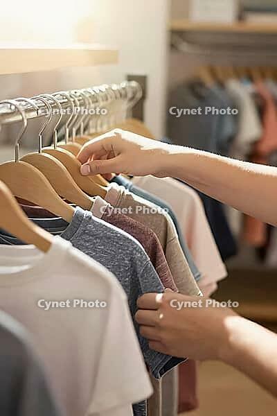 Selecting cotton garments on wooden hangers in a bright boutique represents mindful retail consumption, sustainable textile choices in daily fashion, slow fashion curation defines personal lifestyle aesthetics through muted color palettes, warm natural su [IBR125472287]