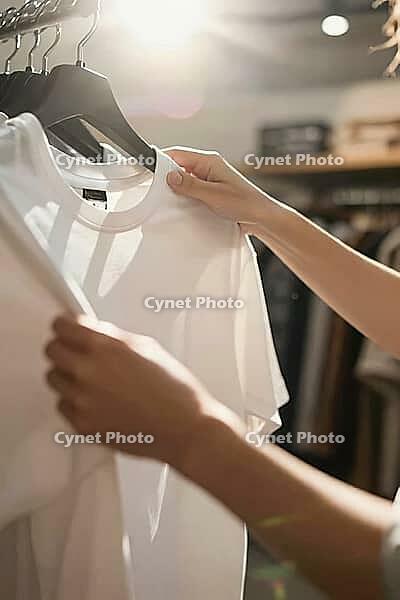 Tactile evaluation of sustainable fashion garments on clothing racks, consumer hands inspecting a plain white crewneck shirt in a modern boutique, warm backlight illuminating delicate organic cotton fibers during deliberate retail shopping, physical merch [IBR125472289]