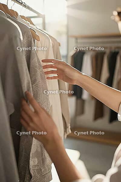 Tactile consumer engagement with sustainable fashion garments on wooden hangers in a minimalist boutique defines modern conscious shopping culture, delicate fingers inspect woven natural textiles under warm atmospheric morning sunlight, rows of muted line [IBR125472291]