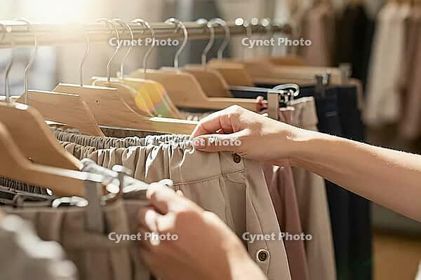 Hands delicately examining woven linen garments on timber coat hangers represent mindful wardrobe choices in contemporary boutique retail environments, sunlight glints across a metallic clothing rail illuminating neutral tones of curated skirts and lightw [IBR125472297]