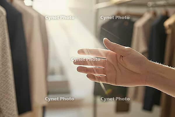 Tactile evaluation of sustainable garments in a minimalist boutique, an outstretched hand catching warm daylight between curated clothing racks, somatic perception meets deliberate retail curation within contemporary slow fashion aesthetics, natural illum [IBR125472300]