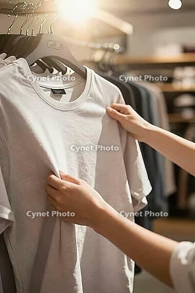 Tactile evaluation of sustainable cotton fabric on retail clothing racks, consumer hands feeling garment texture for durability and mindful shopping, anonymous customer examining plain light grey crewneck jersey t shirt hanging among neutral apparel colle [IBR125472304]