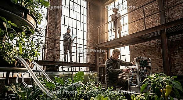 Controlled environment agriculture, automated smart aquaponics research, sustainable food production, circular bioeconomy in repurposed brick architecture, an engineer adjusts sensor units beside nutrient water circulation tanks, researchers analyze biolo [IBR125472308]