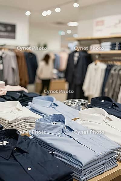 Folded cotton shirts on retail display tables showcase professional menswear and textile merchandising within a modern department store, neat stacks of blue and white button down garments illustrate consumer society dynamics, soft ambient interior lightin [IBR125472311]