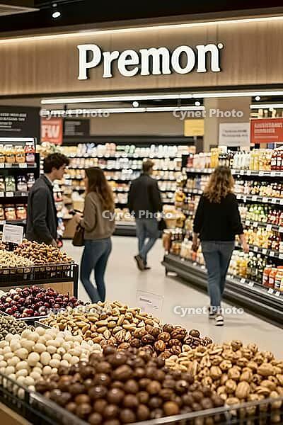 Bulk food market display with nuts and dried snacks represents modern retail nutrition alongside browsing customers in a contemporary grocery hall, foreground arrangements of edible seeds, legumes, dragees, glazed hazelnuts, chocolate confectionery, roast [IBR125472312]