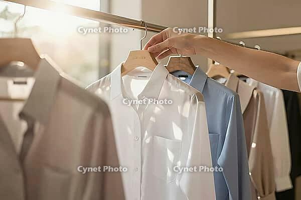 Curated sustainable wardrobe selection, a minimalist white cotton button down shirt hanging neatly on a wooden clothes rail in warm morning light, an anonymous hand thoughtfully browsing essential apparel pieces, elegant pastel textile fabrics representin [IBR125472313]