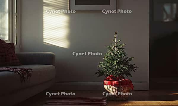 Living room with light grey walls, simple green Christmas tree in a basket, AI generated [IBR125472314]