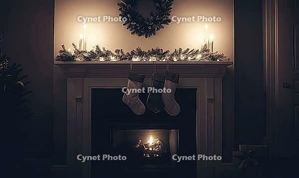 Minimalist mantel with a single silver garland and white stockings, AI generated [IBR125472318]