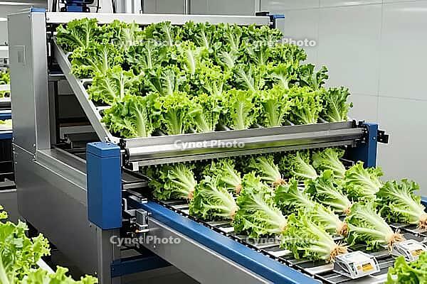 Automated lettuce sorting conveyor systems optimize fresh produce processing in vertical farming facilities, enhancing agritech food production chains, stainless steel machinery handles vibrant green leafy greens along structured multi level belts, synchr [IBR125472319]