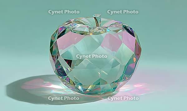A clear apple with a green stem sits on a table. The apple is cut into many pieces, and the pieces are scattered around the apple, AI generated [IBR125472325]