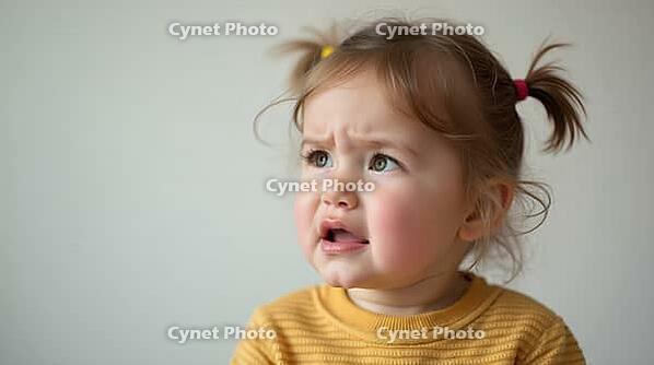 A young one year old girl on the verge of tears. Sad child. Short pigtails. Wispy brown hair. She is in profile and looking off to the side. Wearing a yellow top. Isolated against a neutral background. Copy space, AI generated [IBR125472326]