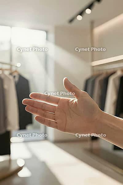 Customer service hand reaching towards sunlight in minimalist luxury boutique showroom with hanging garments and soft apparel presentation racks, welcoming open palm catching golden rays of atmospheric window light, tactile experience of textile shopping  [IBR125472329]