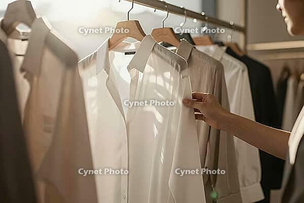 Minimalist capsule wardrobe curation with crisp white cotton blouse on wooden hanger, elegant female customer browsing sustainable boutique fashion, delicate morning sunlight filtering through translucent organic linen fabric, selective tactile inspection [IBR125472330]