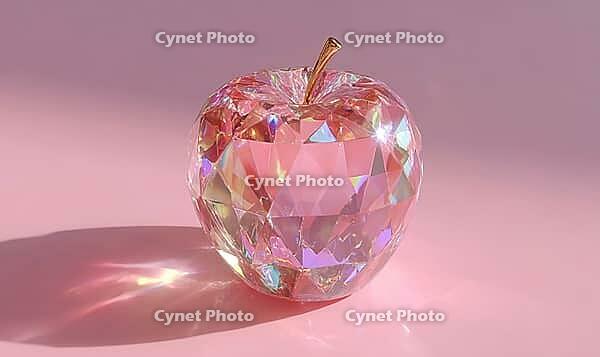 A pink apple with a gold stem sits on a pink background. The apple is made of crystal and has a shiny, reflective surface. The image has a dreamy, AI generated [IBR125472335]