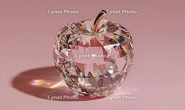 A clear apple with a gold stem sits on a pink background. The apple is made of crystal and has a shiny, reflective surface, AI generated [IBR125472336]