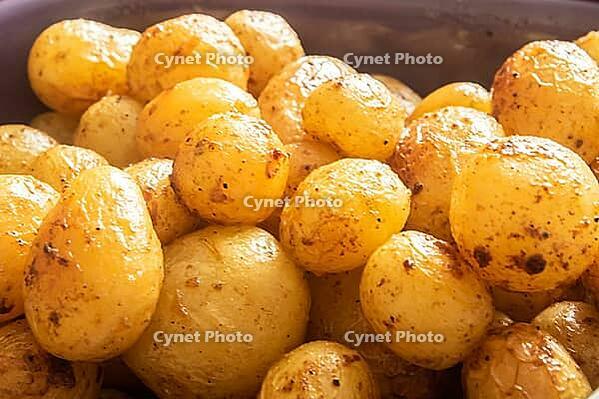 Baked baby potatoes with spices in baking dish closeup [IBR125492331]