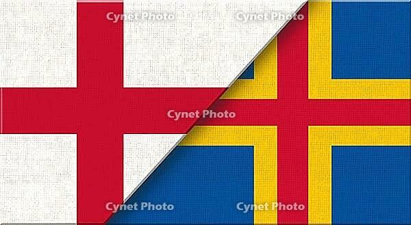 Double flag of England and Aland Islands on fabric texture. Flag of England and Aland Islands - 3D illustration. Two flag together on fabric textures. English and Alandic flag in one. English - Aland Islands relations [IBR125492378]