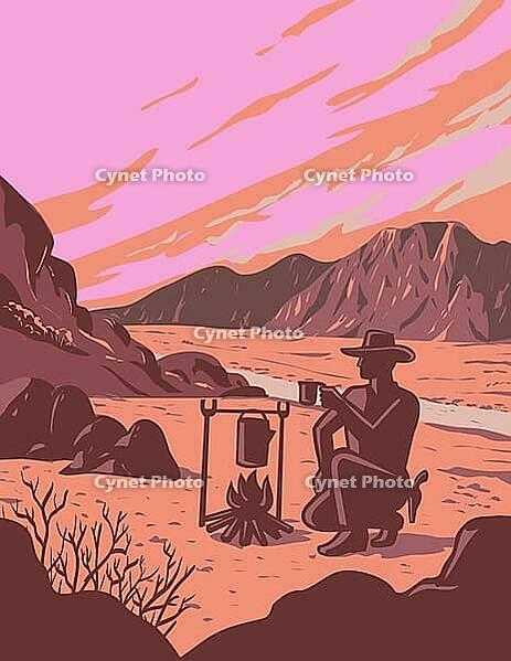 WPA poster art of a cowboy by campfire Red Rock Canyon National Conservation Area in Nevada USA done in works project administration [IBR125492412]