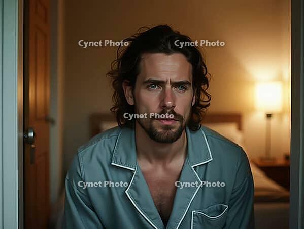 Tired man with messy hair leaving his bedroom in pajamas after waking up in the morning, AI generated [IBR125502127]