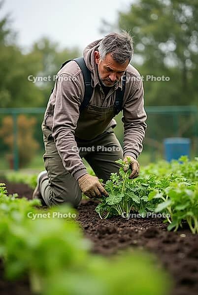 Mature farmer working in his vegetable garden, tending to young plants, AI generated [IBR125502128]