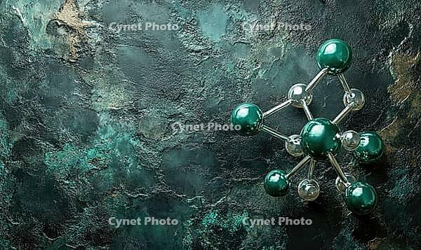 Abstract green hydrogen molecule, vivid teal and silver, floating on a textured dark surface, AI generated [IBR125502133]