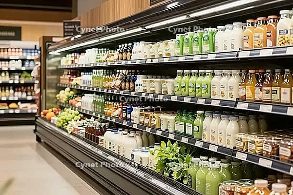 Refrigerated supermarket shelves display organic bottled dairy products, green smoothies, fresh fruit juices, retail cold chain storage logistics, commercial multi deck refrigeration equipment illuminates pasteurized whole milk, probiotic drinkable yogurt [IBR125502134]