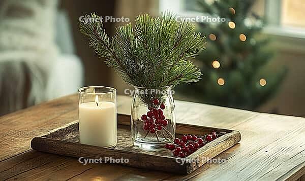 Simple dining table with a small glass vase filled with pine branches and red berries, AI generated [IBR125502136]