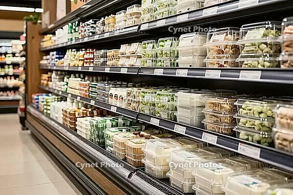 Industrial food preservation in modern commercial supermarkets, transparent plastic deli containers on chilled display shelves provide ready meals, refrigerated compartments hold sliced fresh produce alongside dairy delicacies and portioned snacks, linear [IBR125502137]