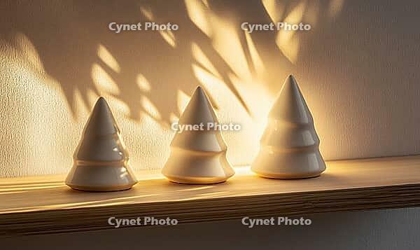 Three small white ceramic Christmas trees on a light wooden shelf, illuminated by soft natural light, casting gentle shadows, AI generated [IBR125502138]